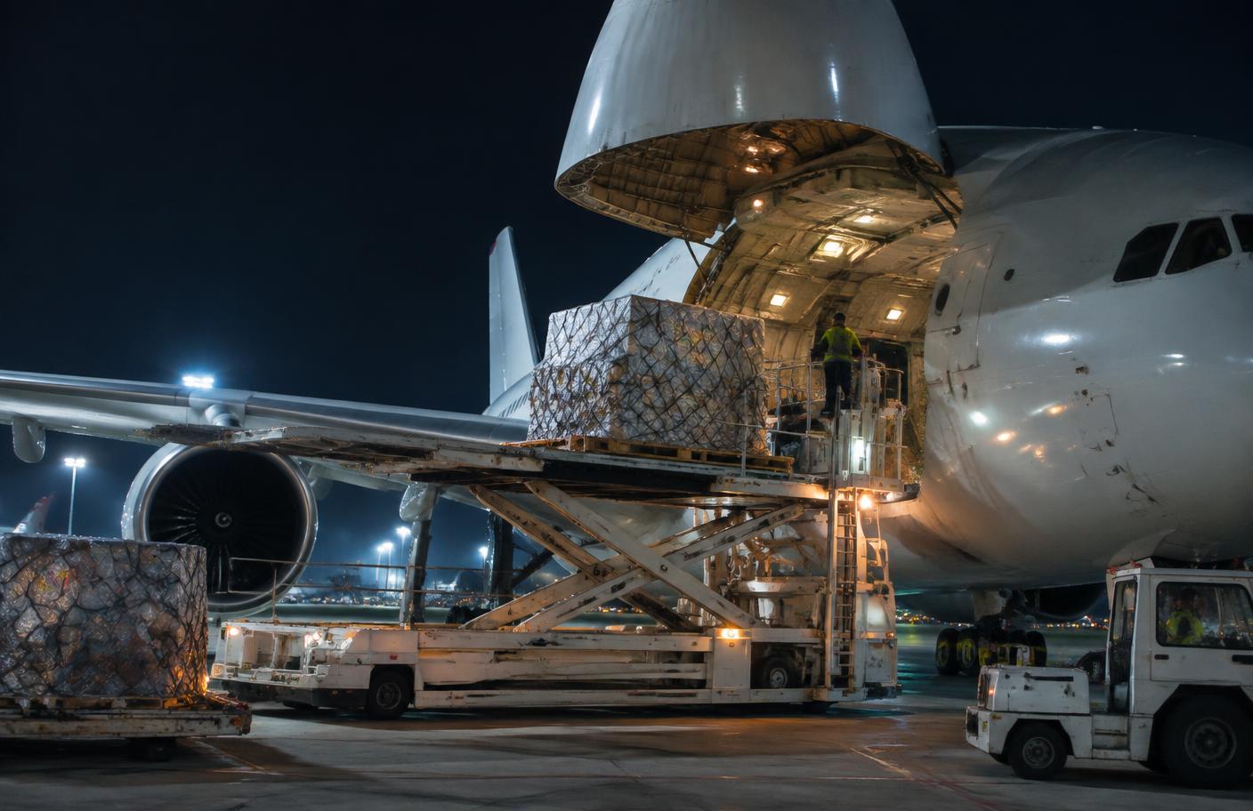 Palletised cargo being loaded into a freighter aircraft at night