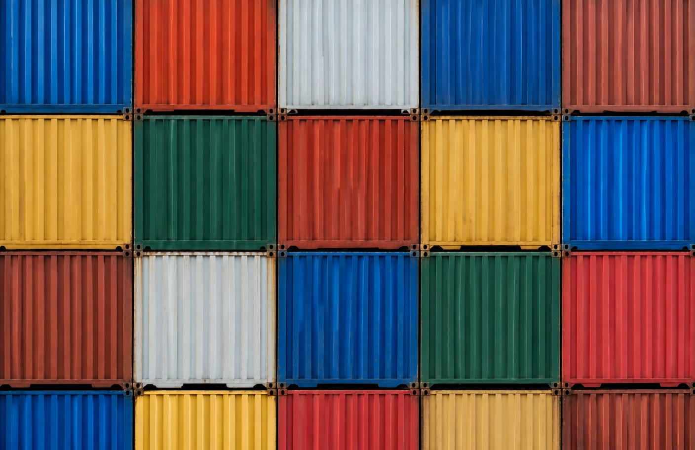 Grid of colourful stacked shipping containers