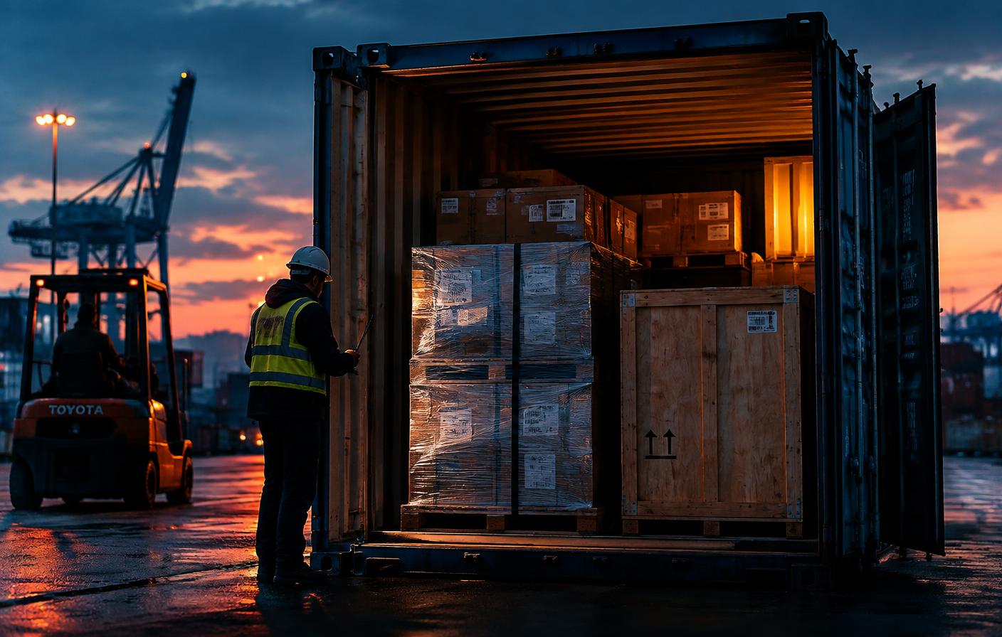 Mixed pallets and crates being consolidated inside a shipping container at dusk