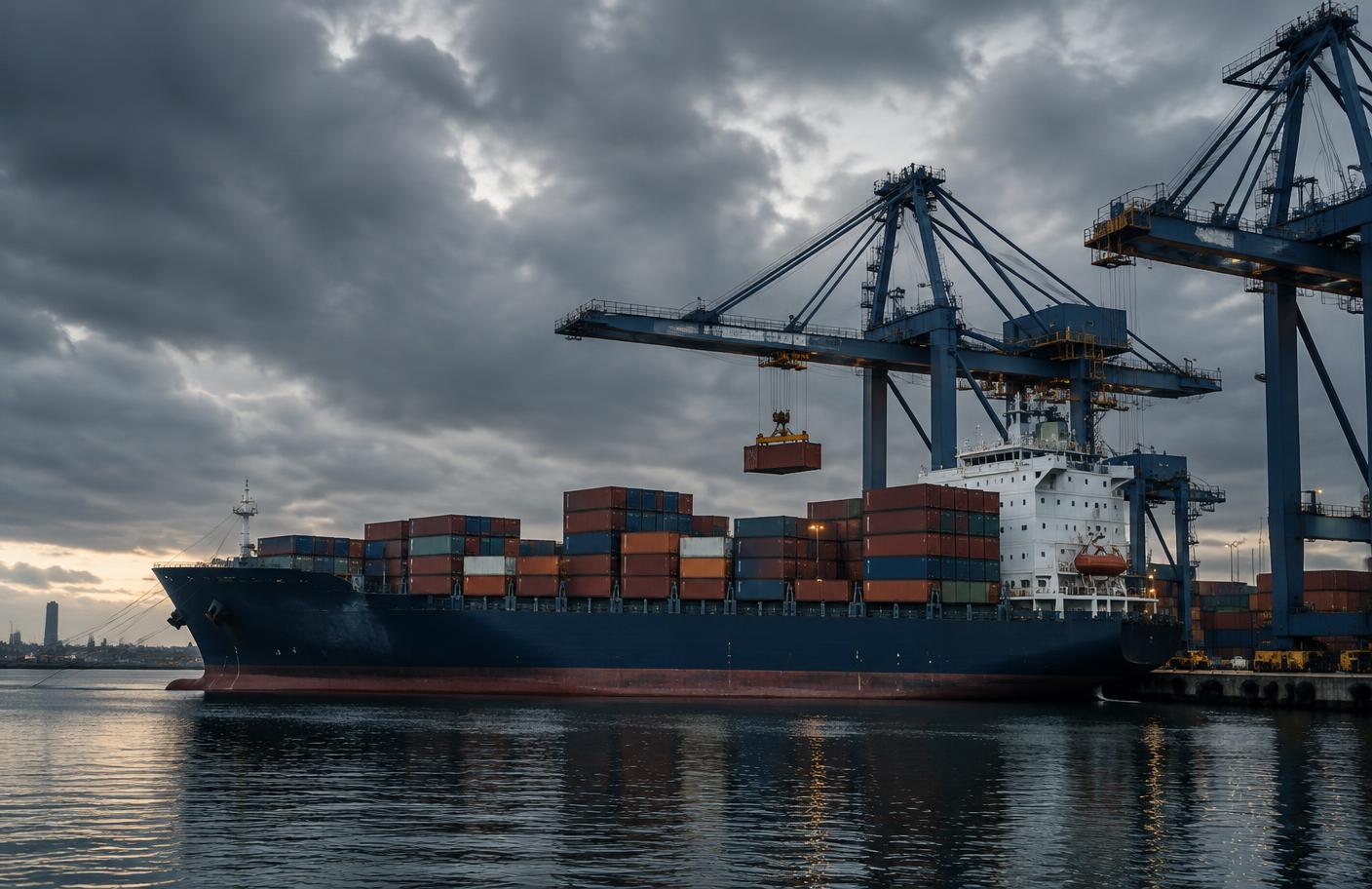 Container vessel being loaded by quay cranes under a dramatic sky