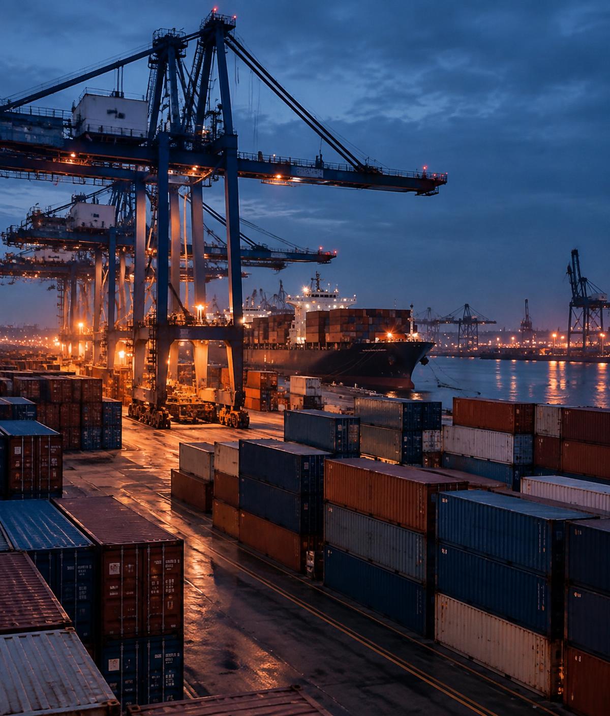 Container terminal with gantry cranes at blue hour